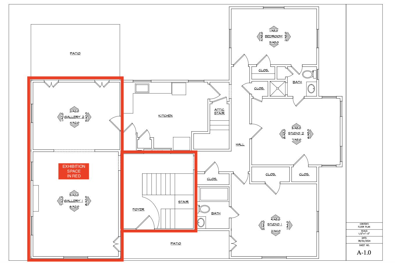 Floor plan of LaRucheHTX showing Gallery 1 and Gallery 2 outlined in red as exhibition space, Studio 1, Studio 2, bedroom, kitchen, bathrooms, patios, and shared circulation